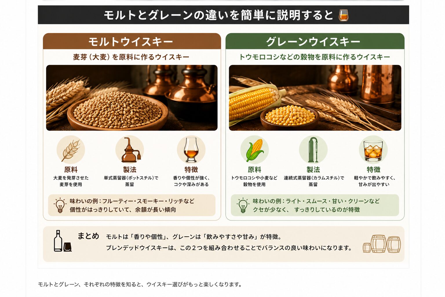 モルトウイスキーとグレーンウイスキーの違いを解説した図