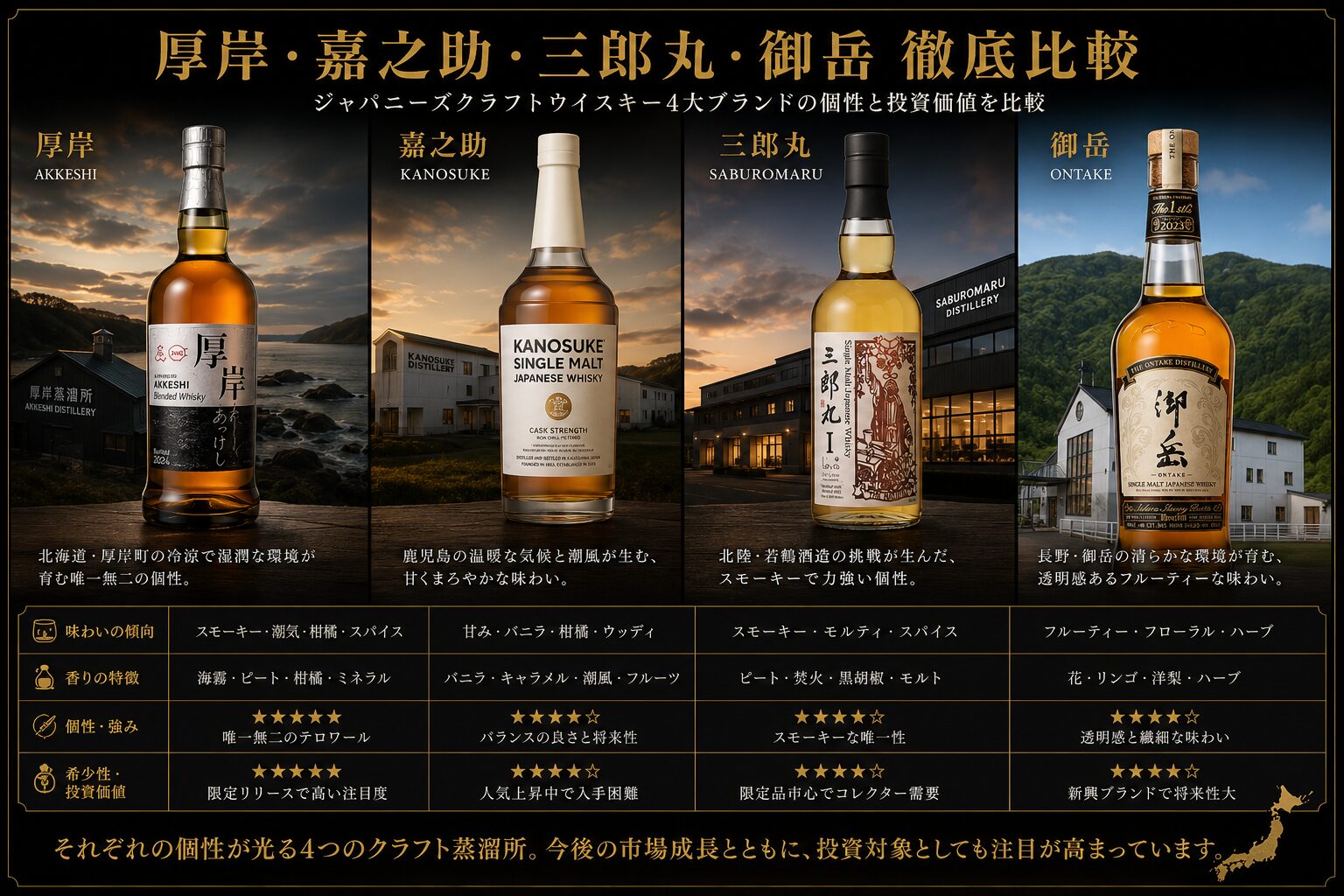 厚岸・嘉之助・三郎丸・御岳ウイスキーを投資目線で比較