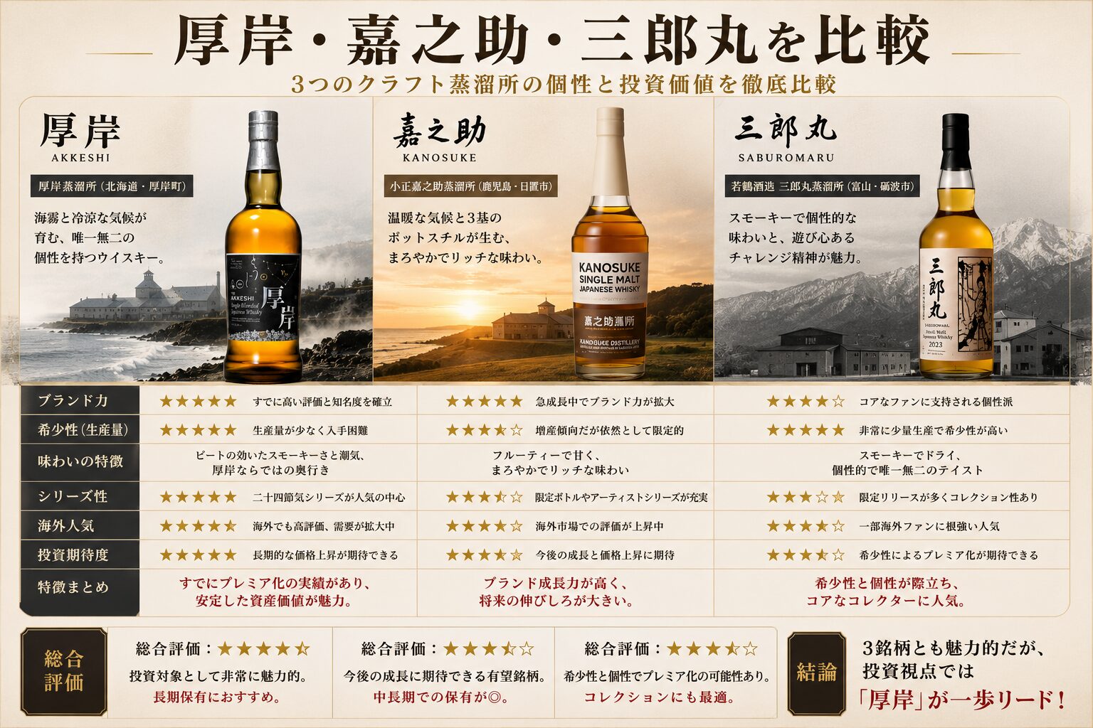 厚岸と嘉之助と三郎丸の投資価値比較
