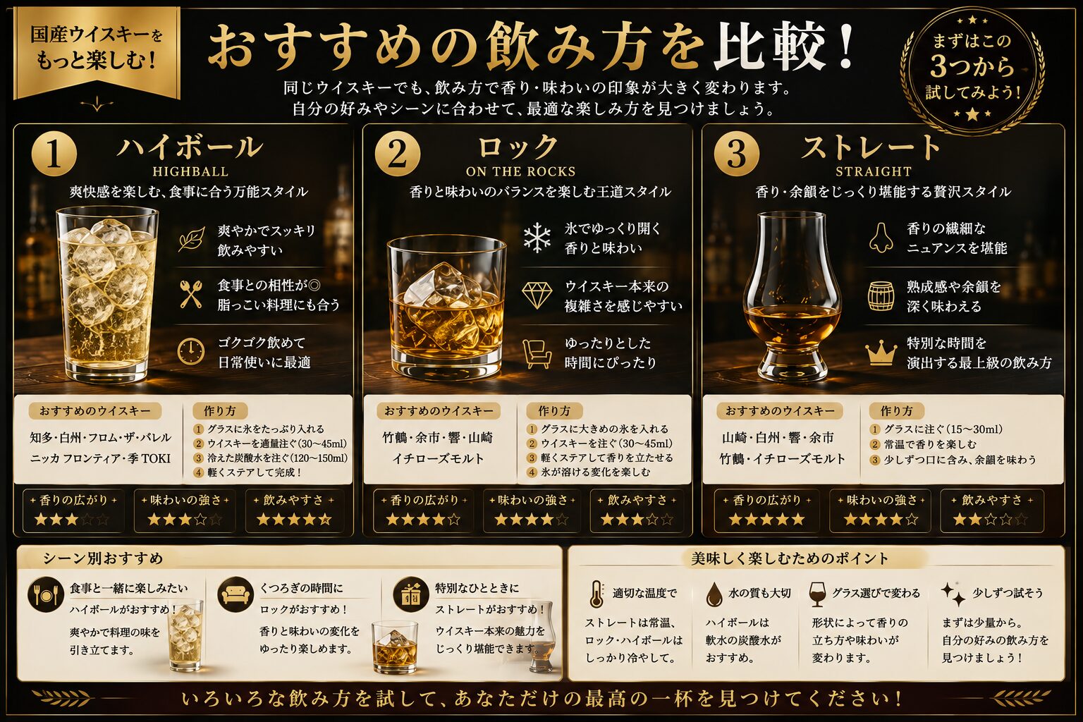 ウイスキーの飲み方比較 ハイボール ロック ストレート