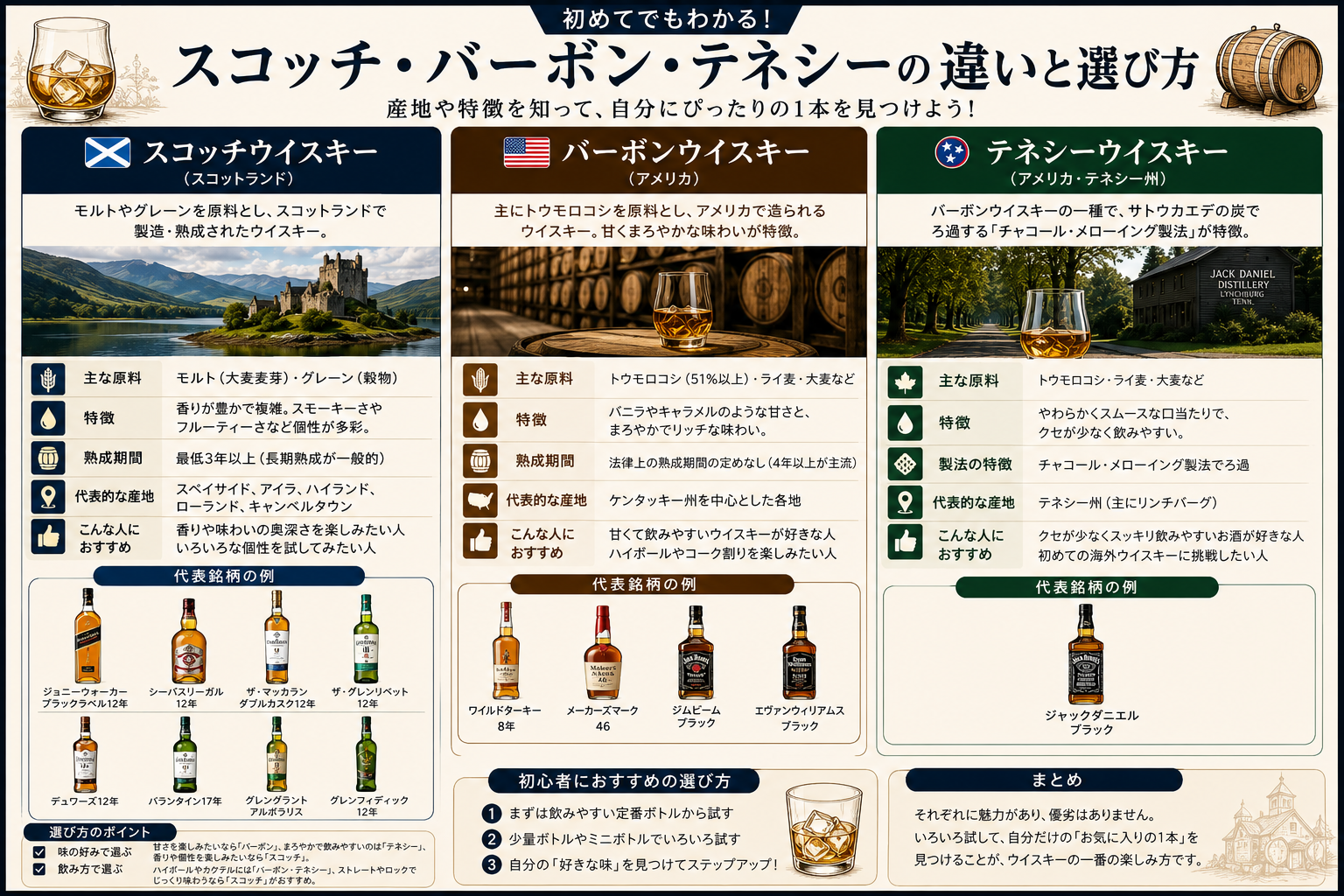 スコッチ バーボン テネシーウイスキーの違いと選び方