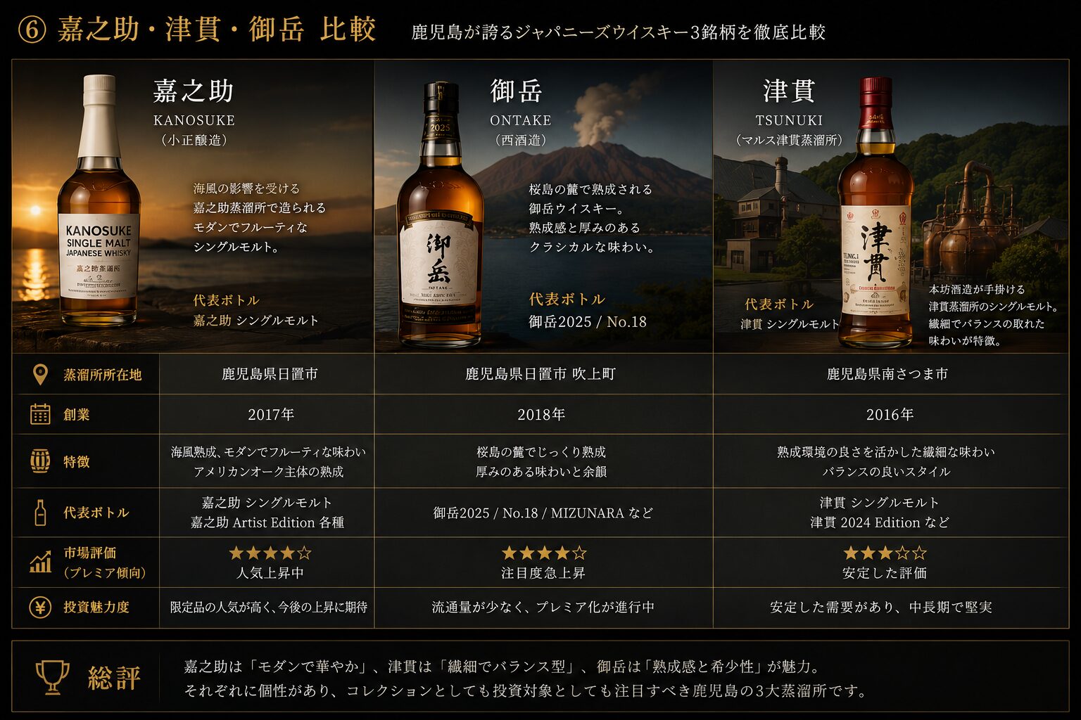 御岳・嘉之助・津貫ウイスキーの特徴と投資価値の比較