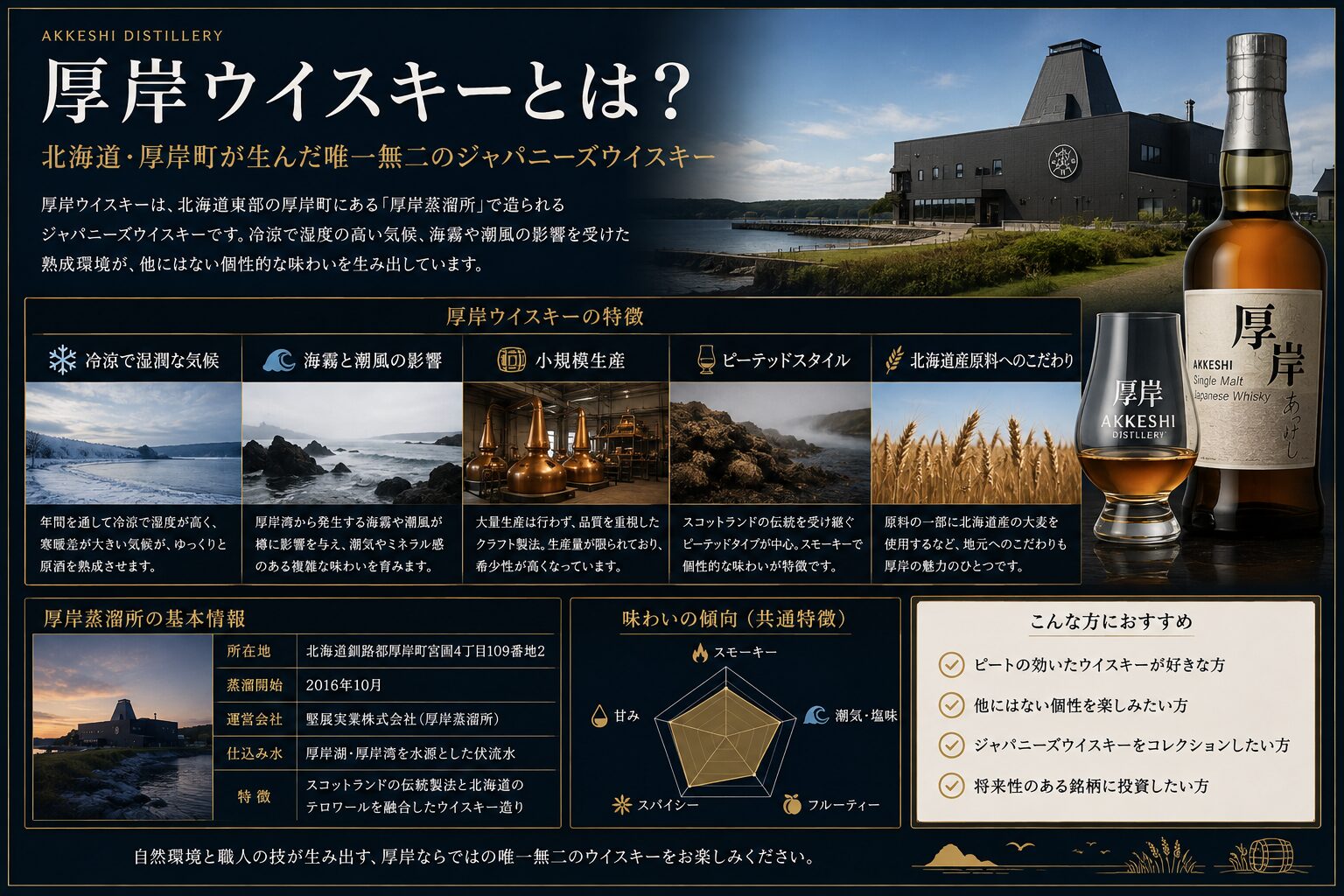 厚岸ウイスキーの特徴と厚岸町の熟成環境を解説した図解