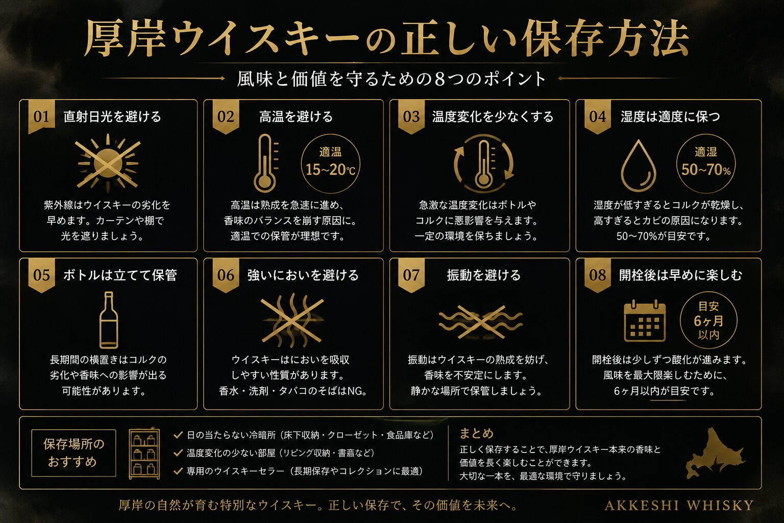 厚岸ウイスキーの正しい保存方法を解説した図解