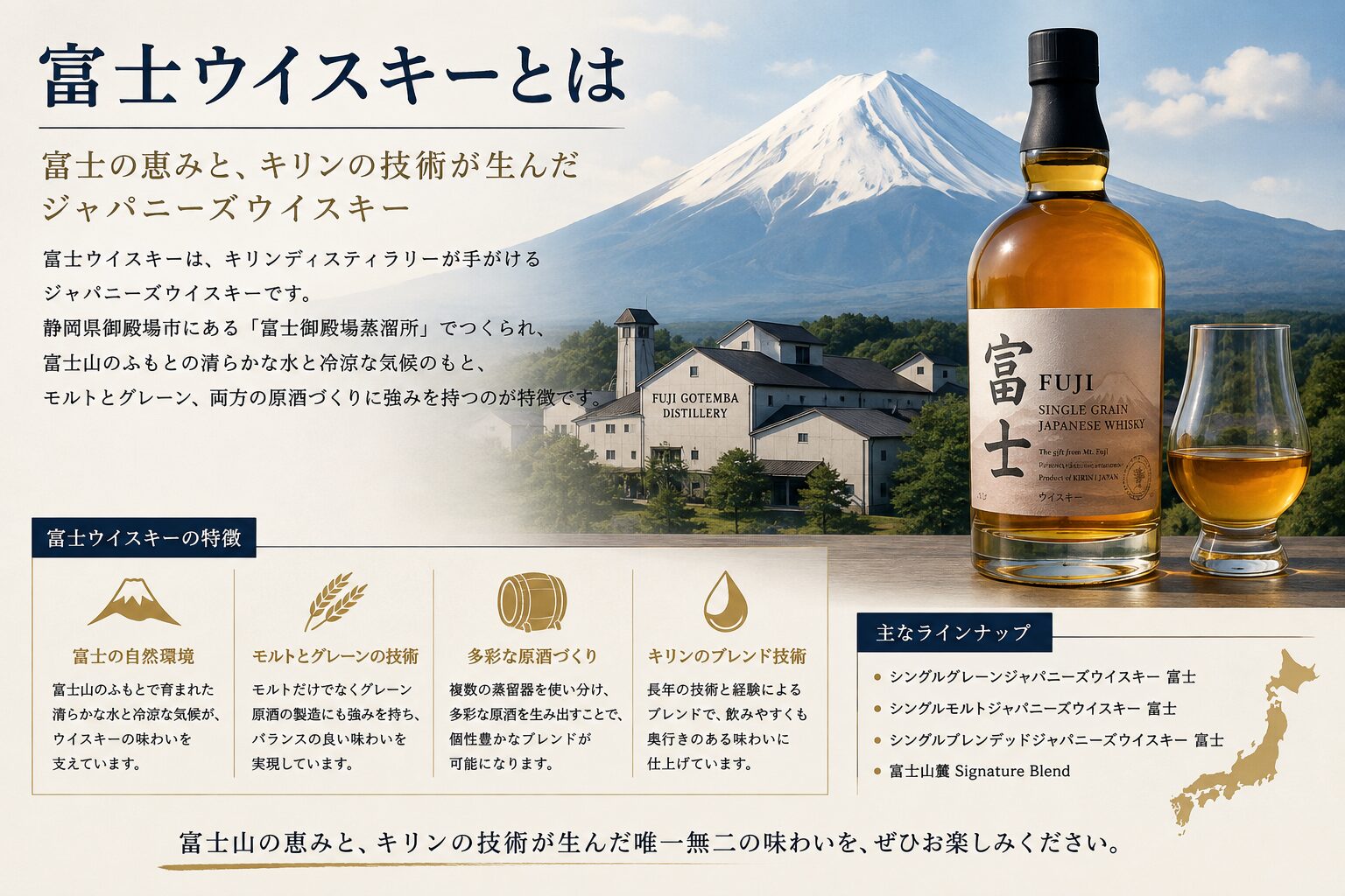 富士ウイスキーと富士御殿場蒸溜所の特徴をまとめた図解