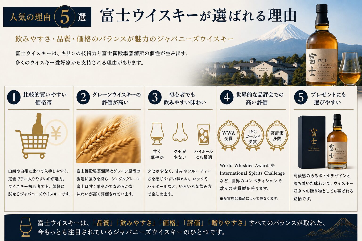 富士ウイスキーが人気を集める理由を5項目で解説した図解