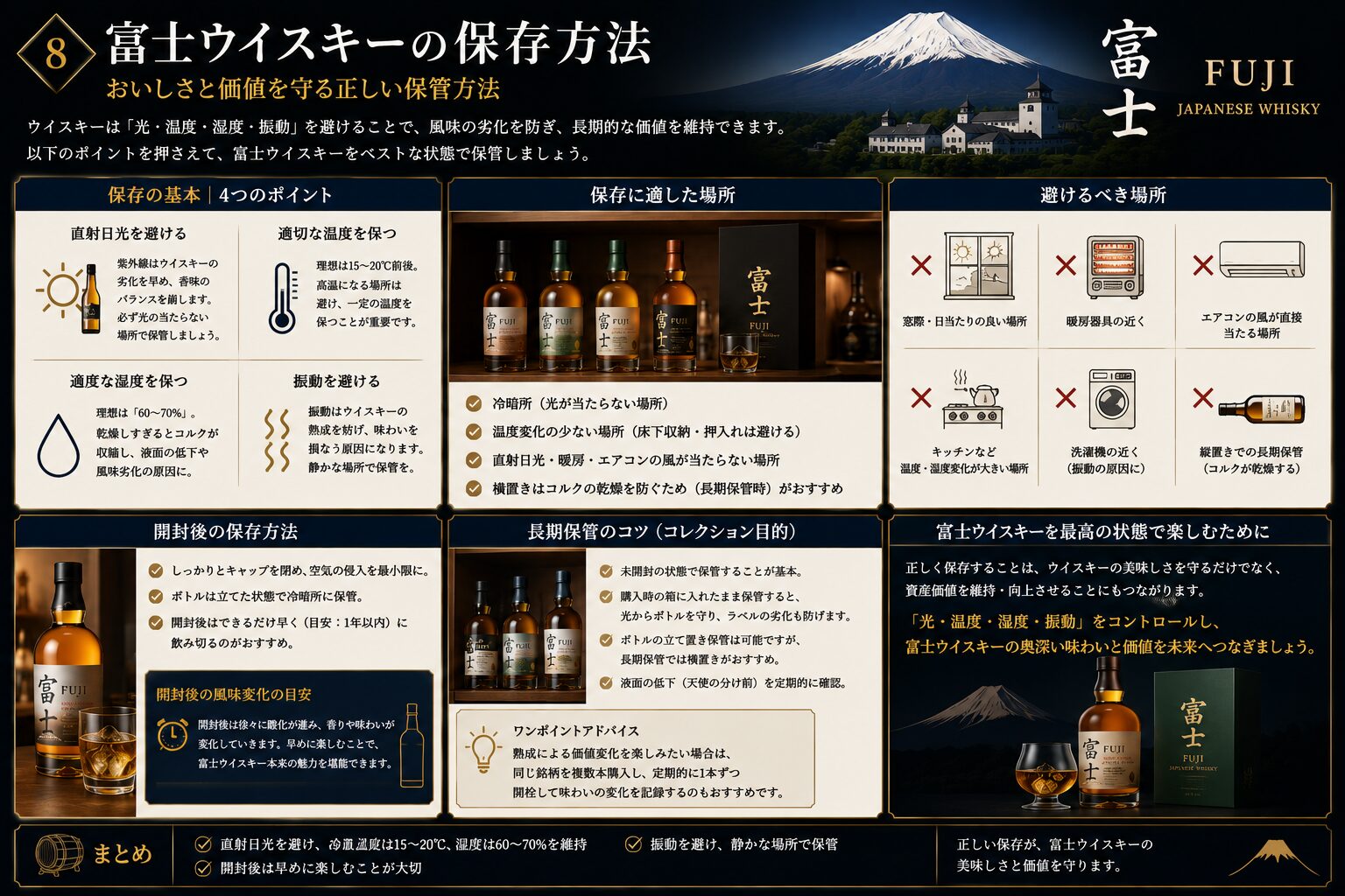 富士ウイスキーの正しい保存方法をまとめた図解