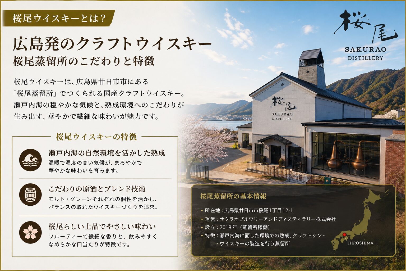 桜尾ウイスキーと桜尾蒸留所の特徴をまとめた図解