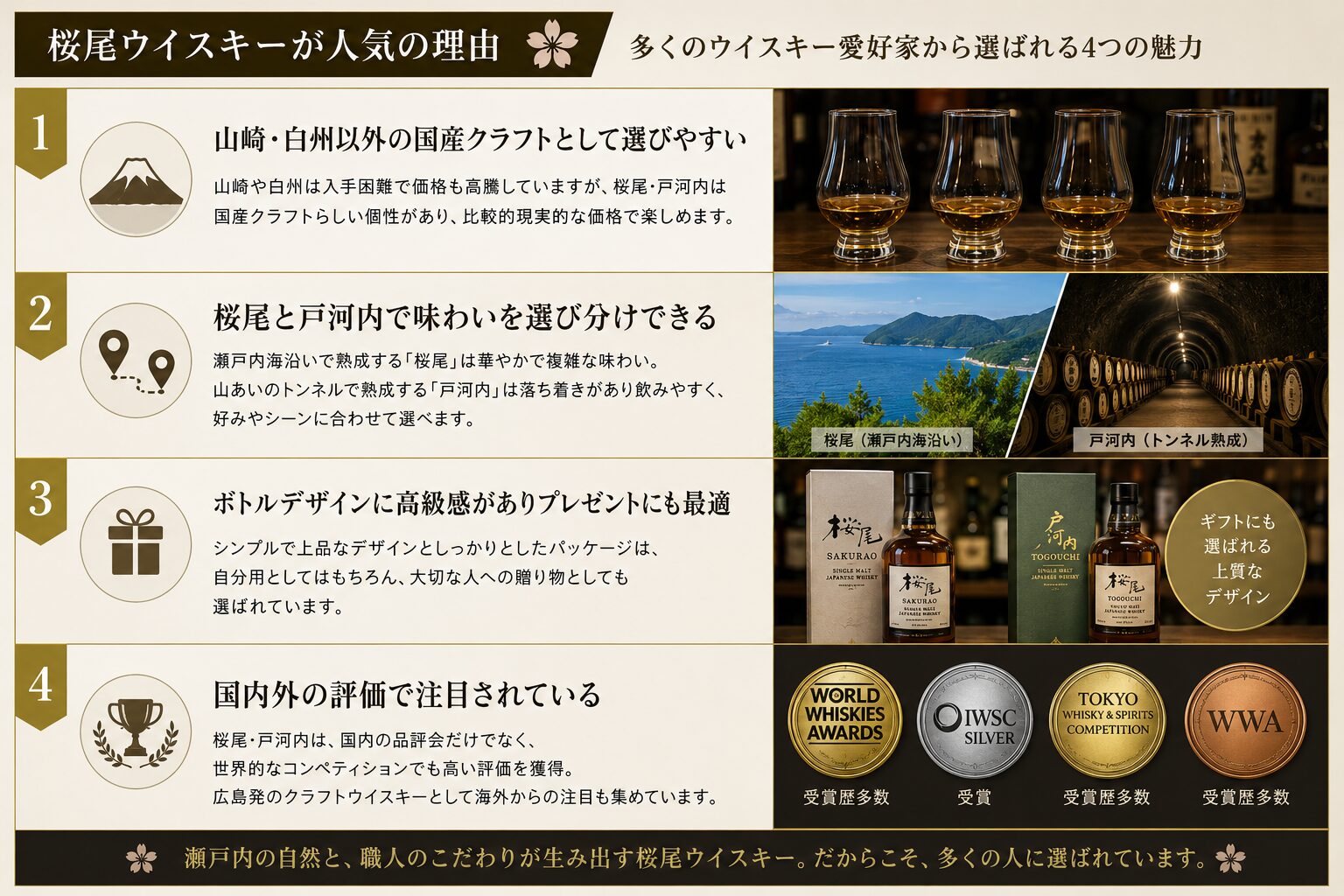 桜尾ウイスキーが人気を集める理由をまとめた図解
