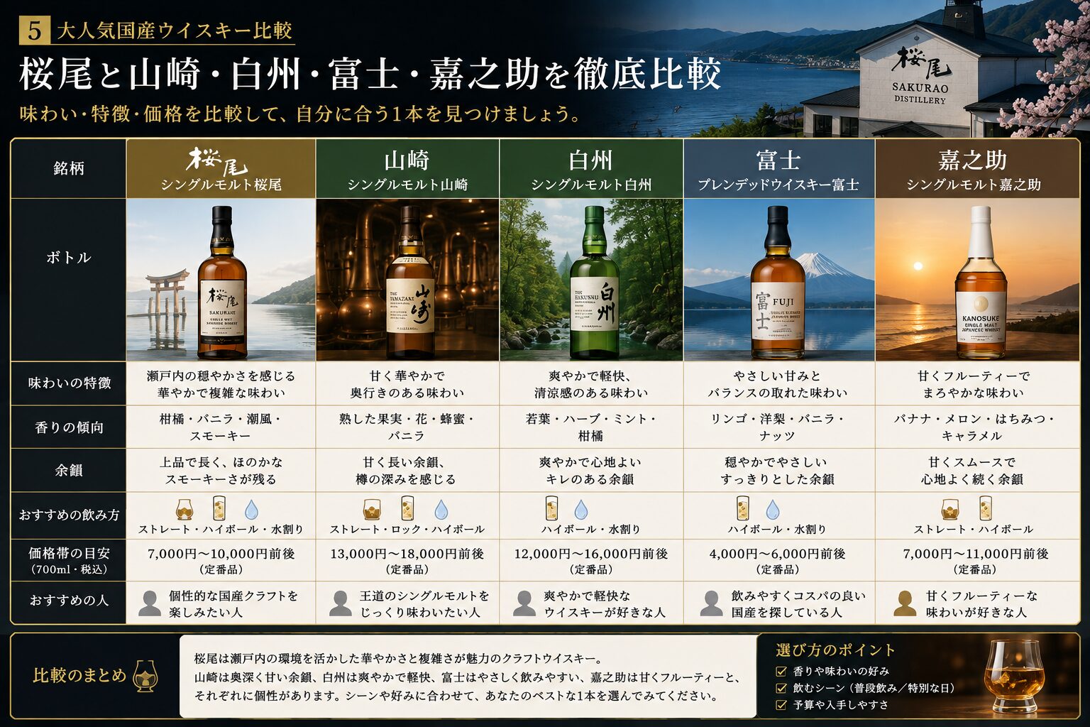 桜尾と山崎・白州・富士・嘉之助を比較した図解